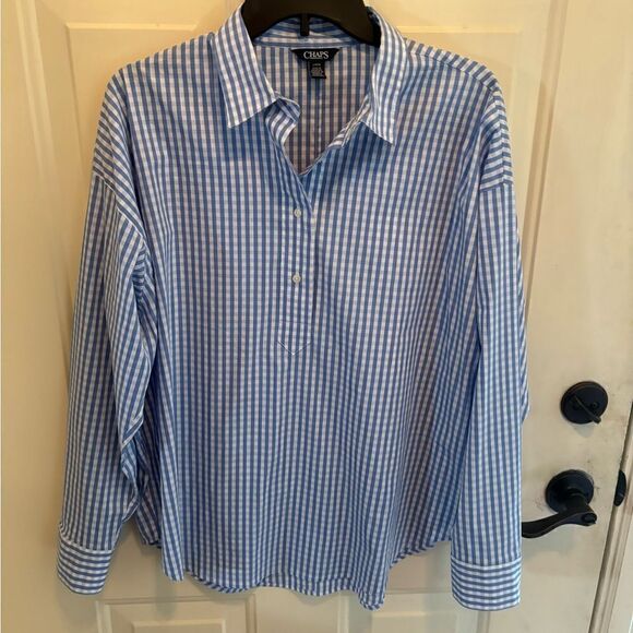 Chaps Blue and White Checkered Popover Top size L - Picture 6 of 6